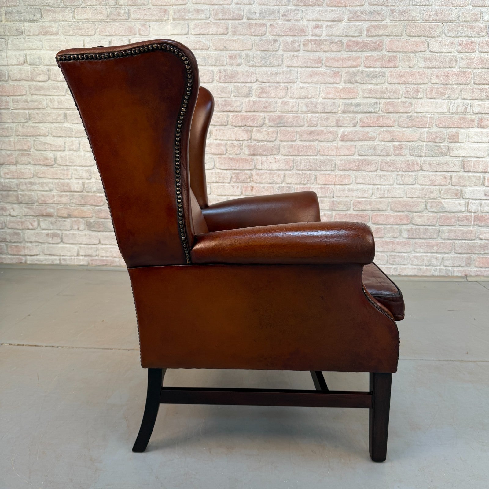 Vintage Danish Dark Tan Hand-Dyed Leather Wingback Chair & Matching Footstool