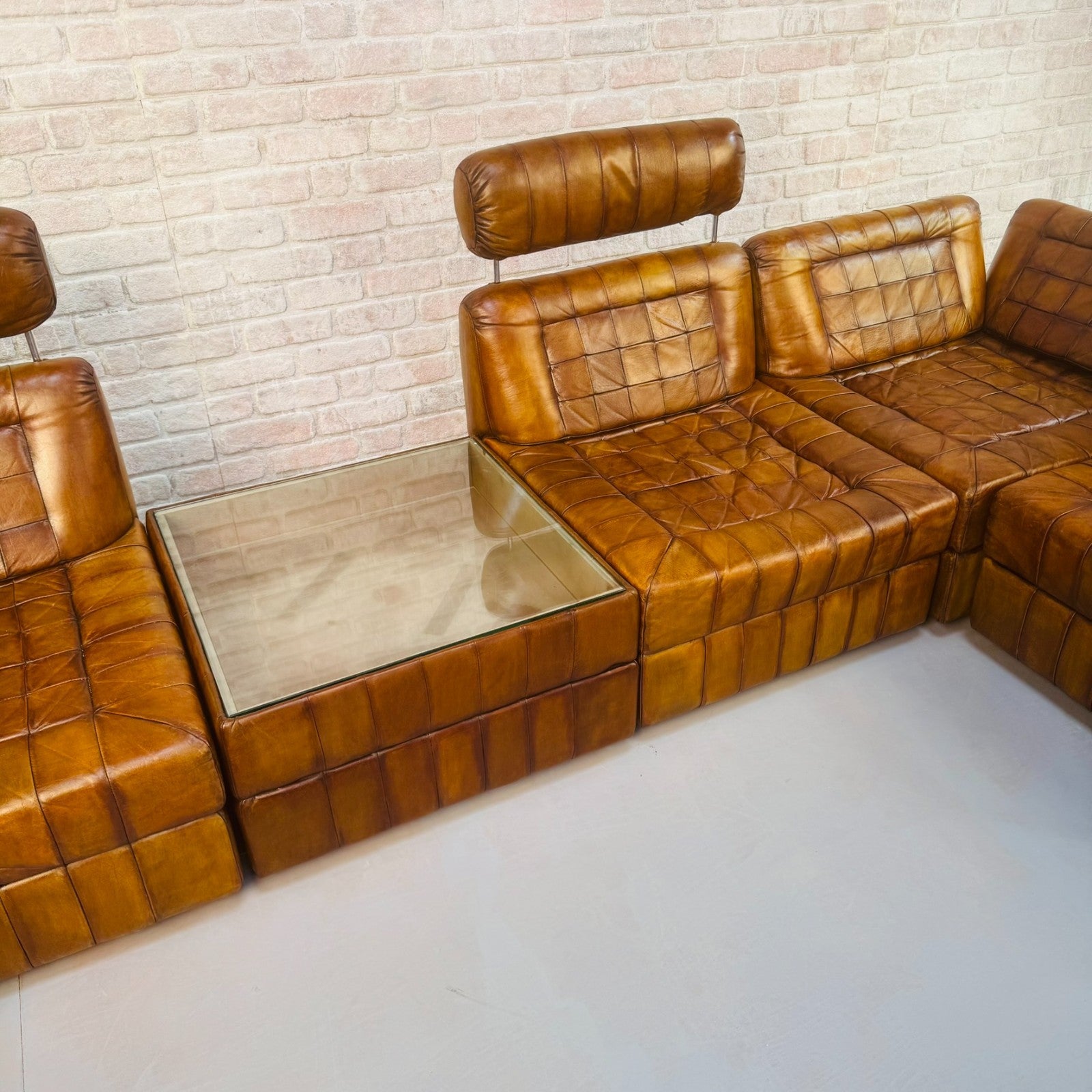 Rare Percival Lafer 60s Modular Sofa 4 Sections & Glass Top Table Tan Leather