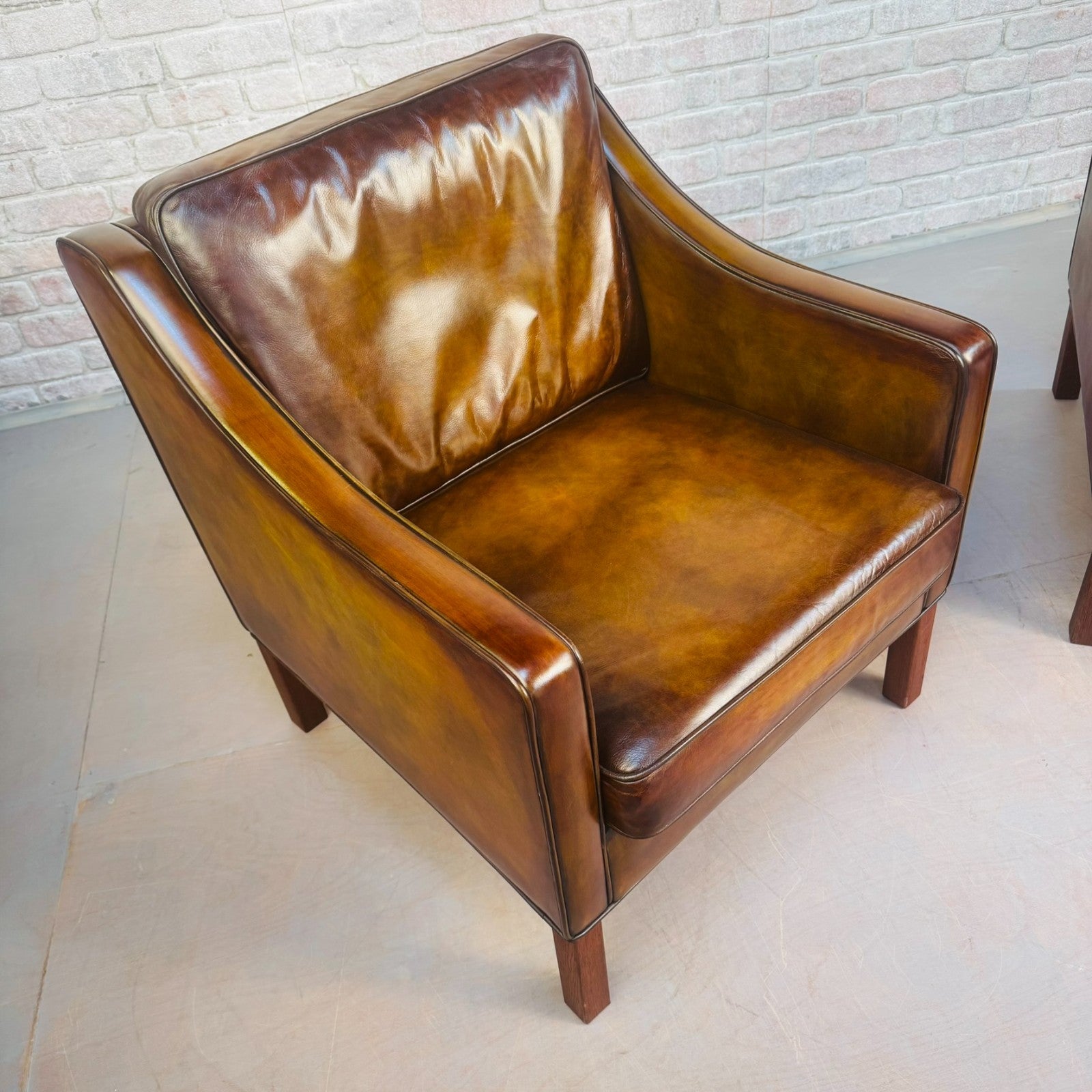 Vintage Danish His & Hers High Back Leather Chairs Pair Light Brown Armchairs