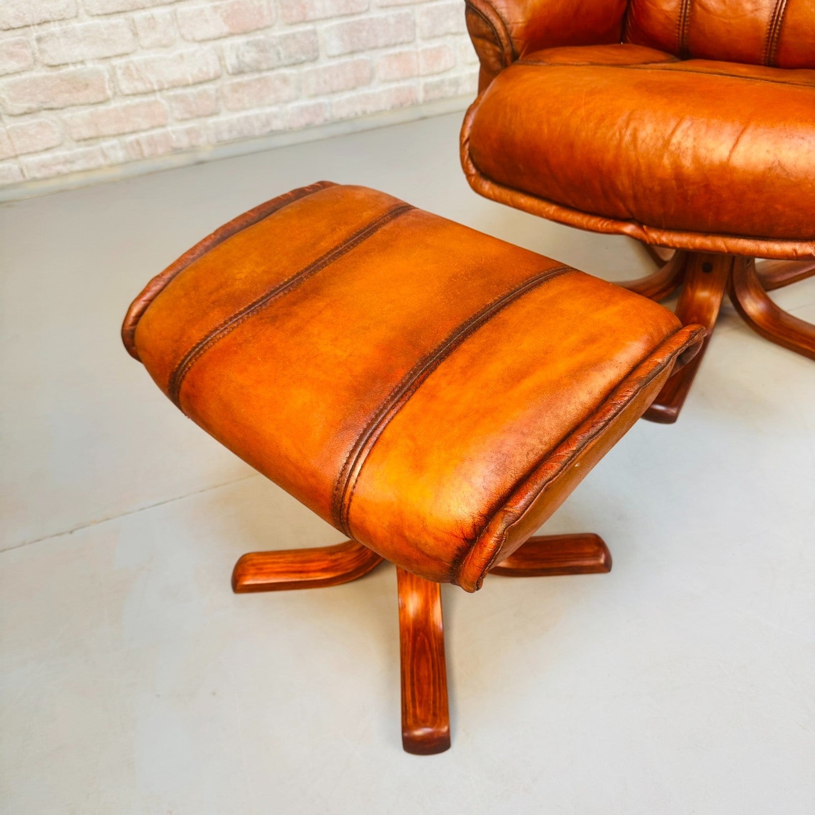 Vintage Danish Reclining Swivel Chair & Footstool | Hand Dyed Tan Leather
