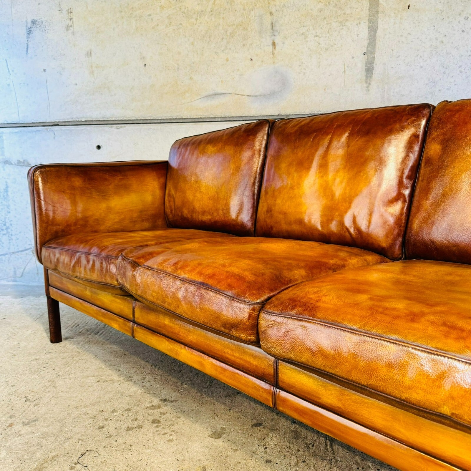 Long 1970s Danish Vintage Mogens Hansen Tan Leather Three-Seater Sofa