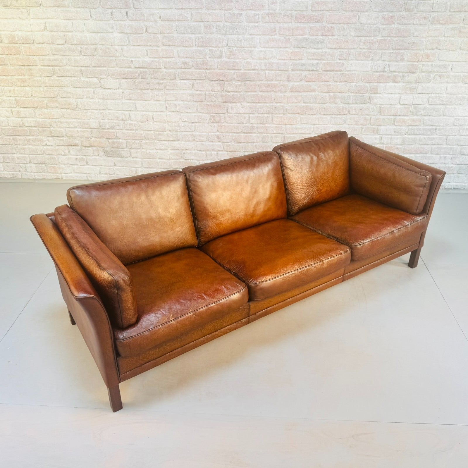 Vintage 1970s Mogens Hansen Danish Three Seater Tan Leather Sofa