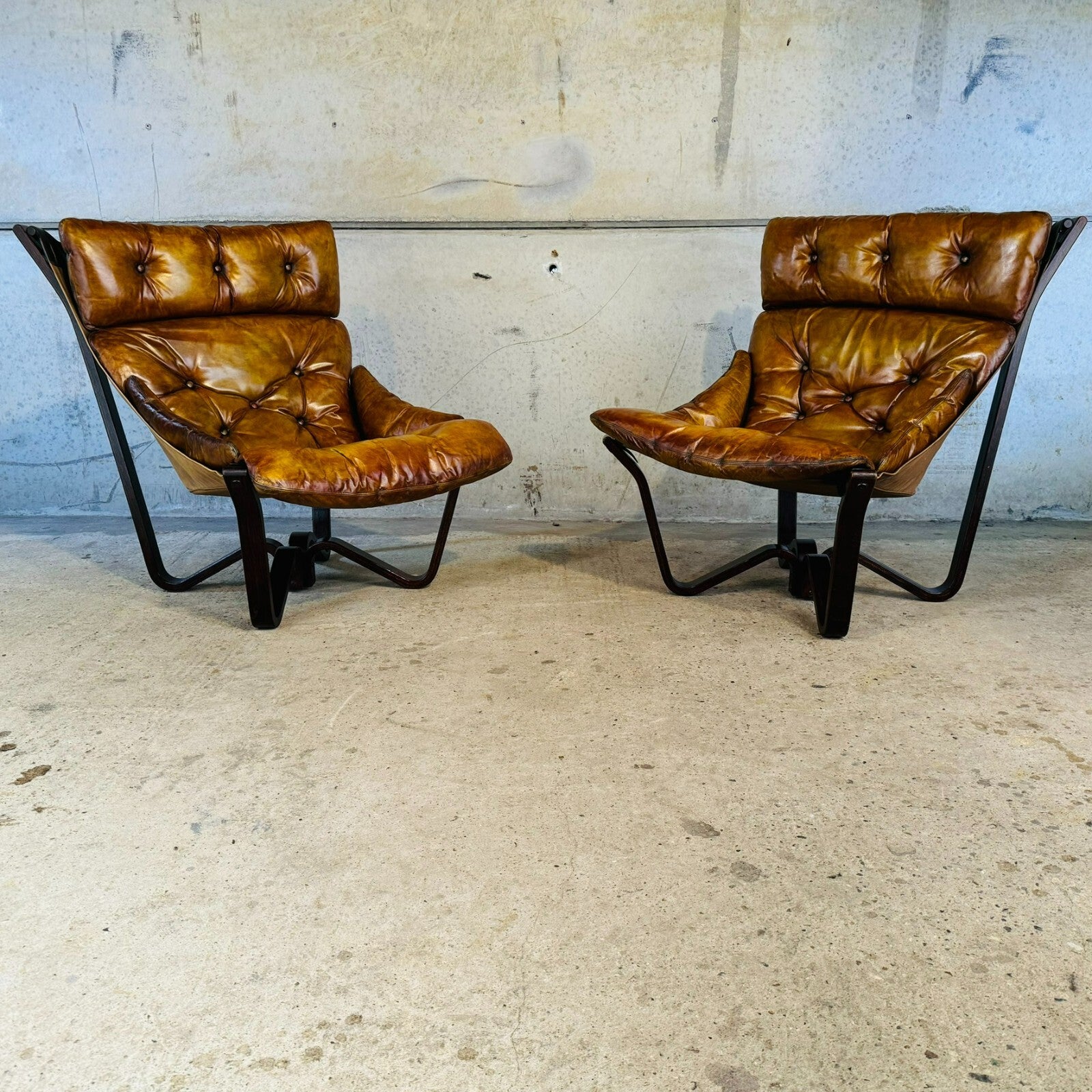 Vintage Pair of 70s Scandinavian Viking Chairs by Jim Myrstad Tan Leather