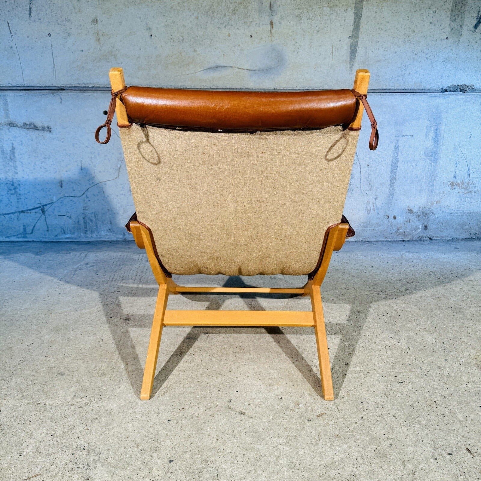 Stylish Swedish 1970s Tan Leather And Canvas Armchair and Footstool