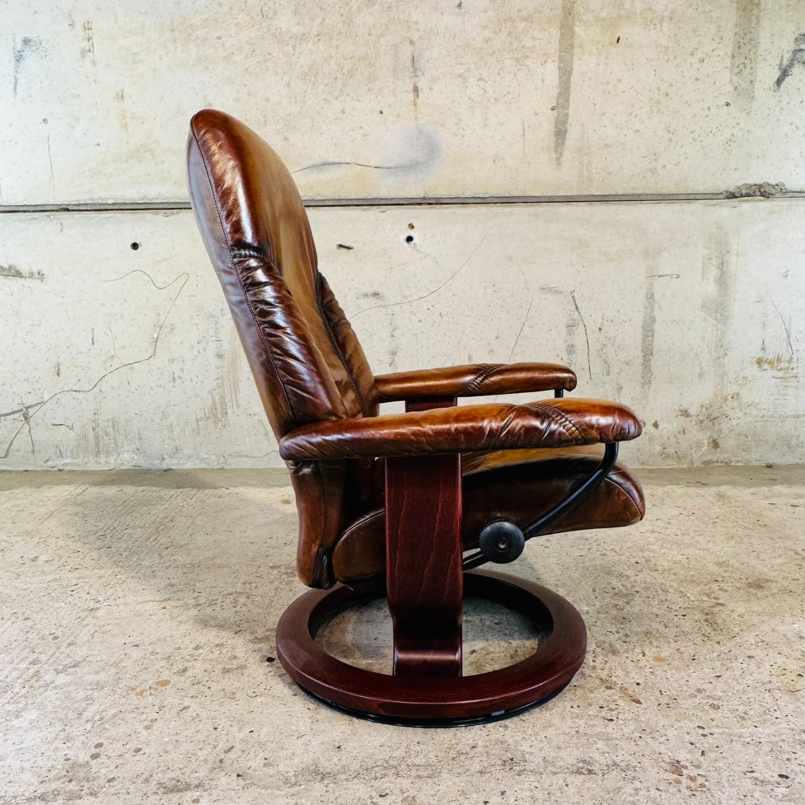 Vintage Ekornes Tan Leather Swivel Recliner Chair — Compact Design