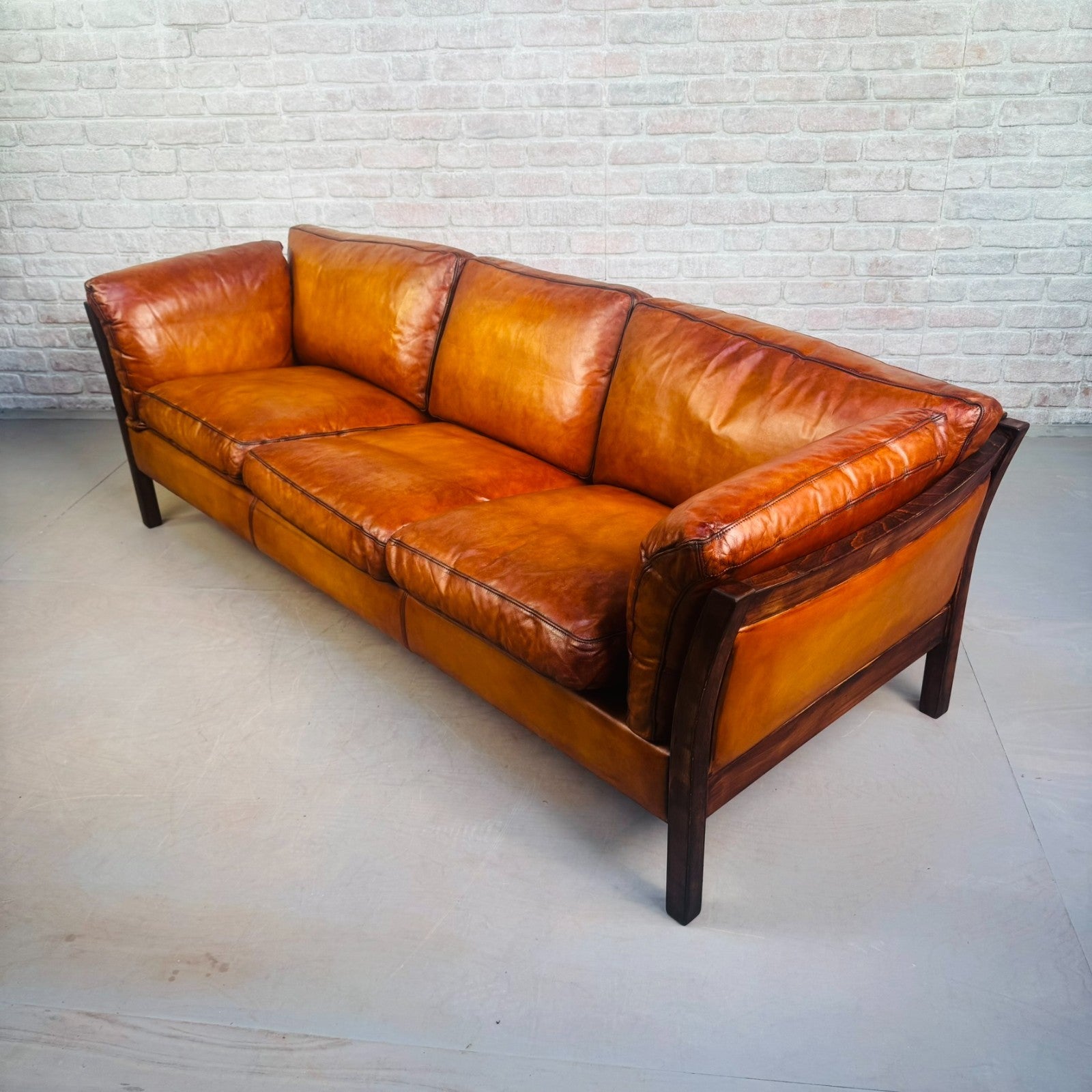 Long Vintage Danish Cognac Leather 3 Seater Sofa Mid Century Feather Filled