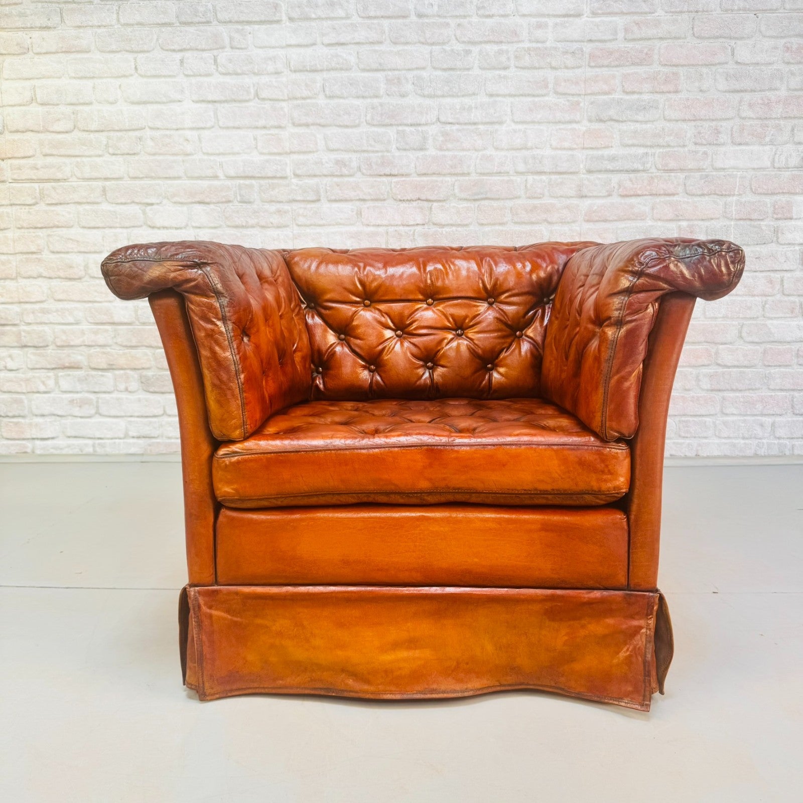 Vintage 1970s Danish Buttoned Tan Leather Armchair