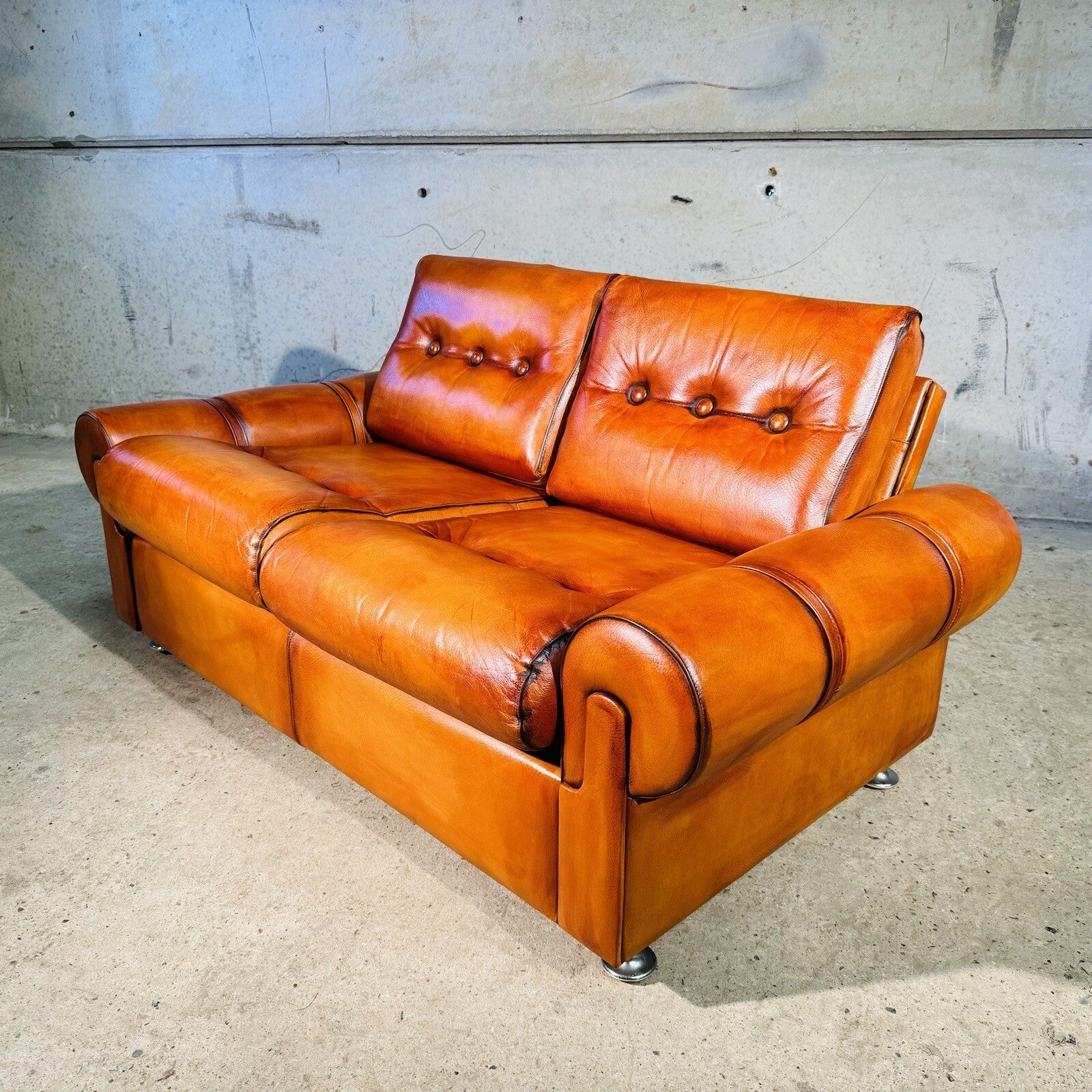 Vintage RetroDanish Leather Two Seater Sofa Hand Dyed Tan, Strap Detail