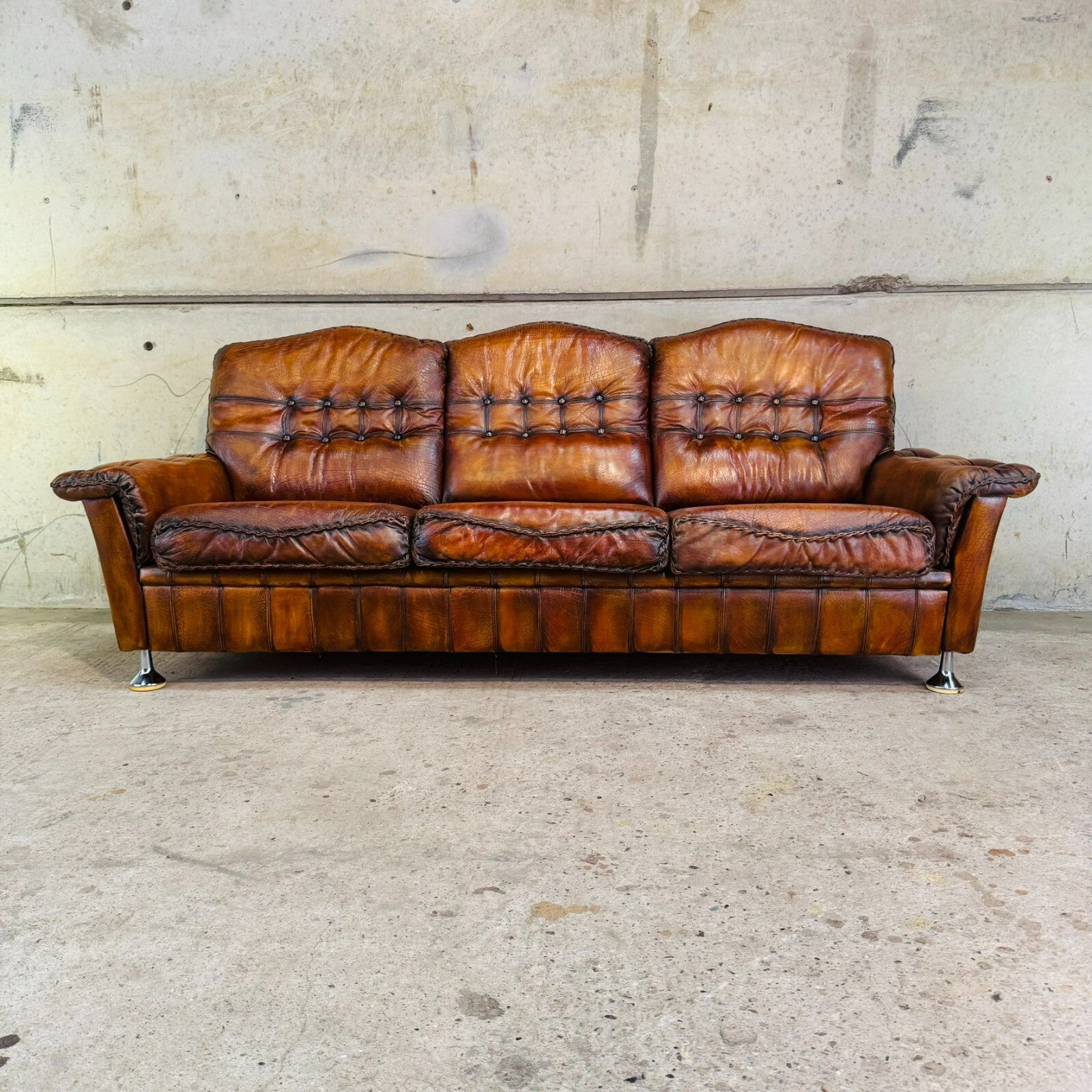 1970s Danish Rustic Tan Leather Three-Seater Sofa – Full Grain Buffalo