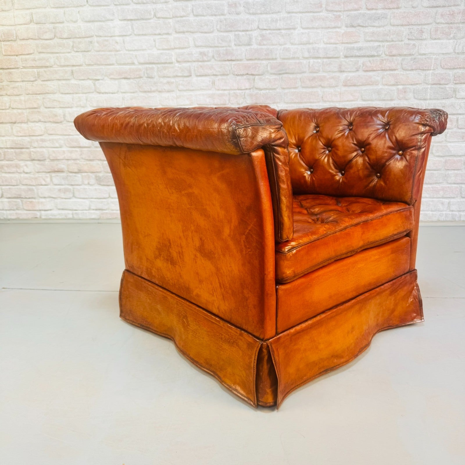 Vintage 1970s Danish Buttoned Tan Leather Armchair