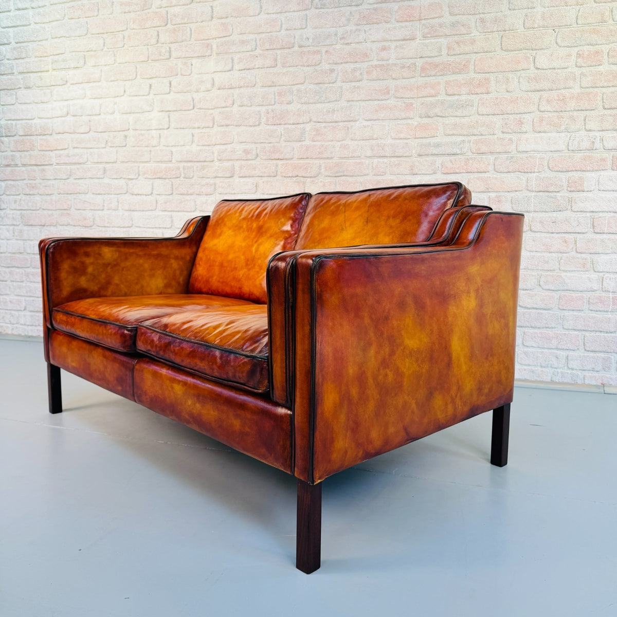 Vintage Stouby Borge Mogensen Style Tan Leather 2 Seater Danish Sofa