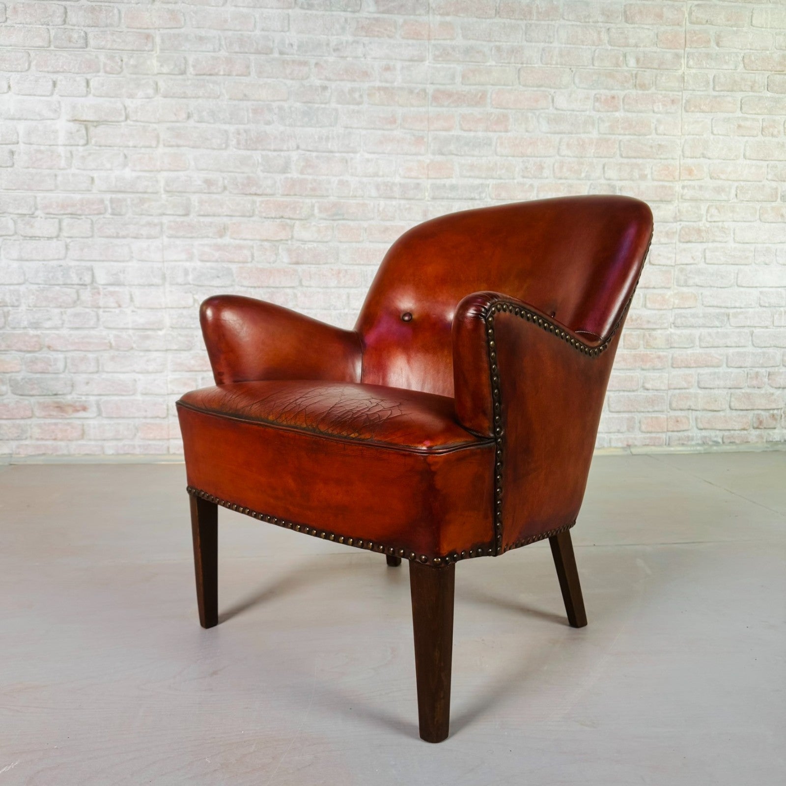 Neat Danish Vintage 1930s Leather Armchair – Hand-Dyed Chestnut Patina