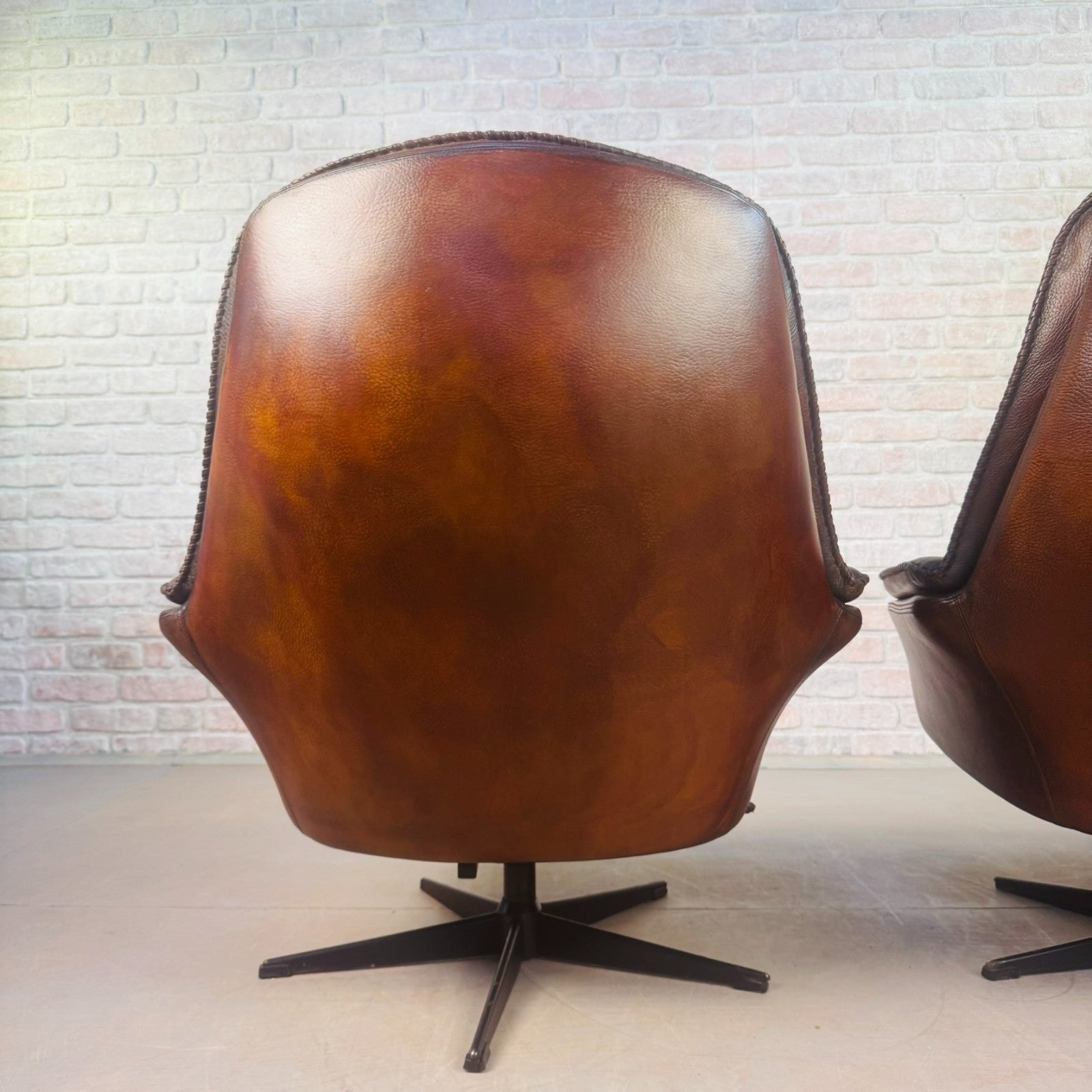 Vintage Pair 1970s Danish Berg Mobler Brown Leather Swivel Chairs Mid Century