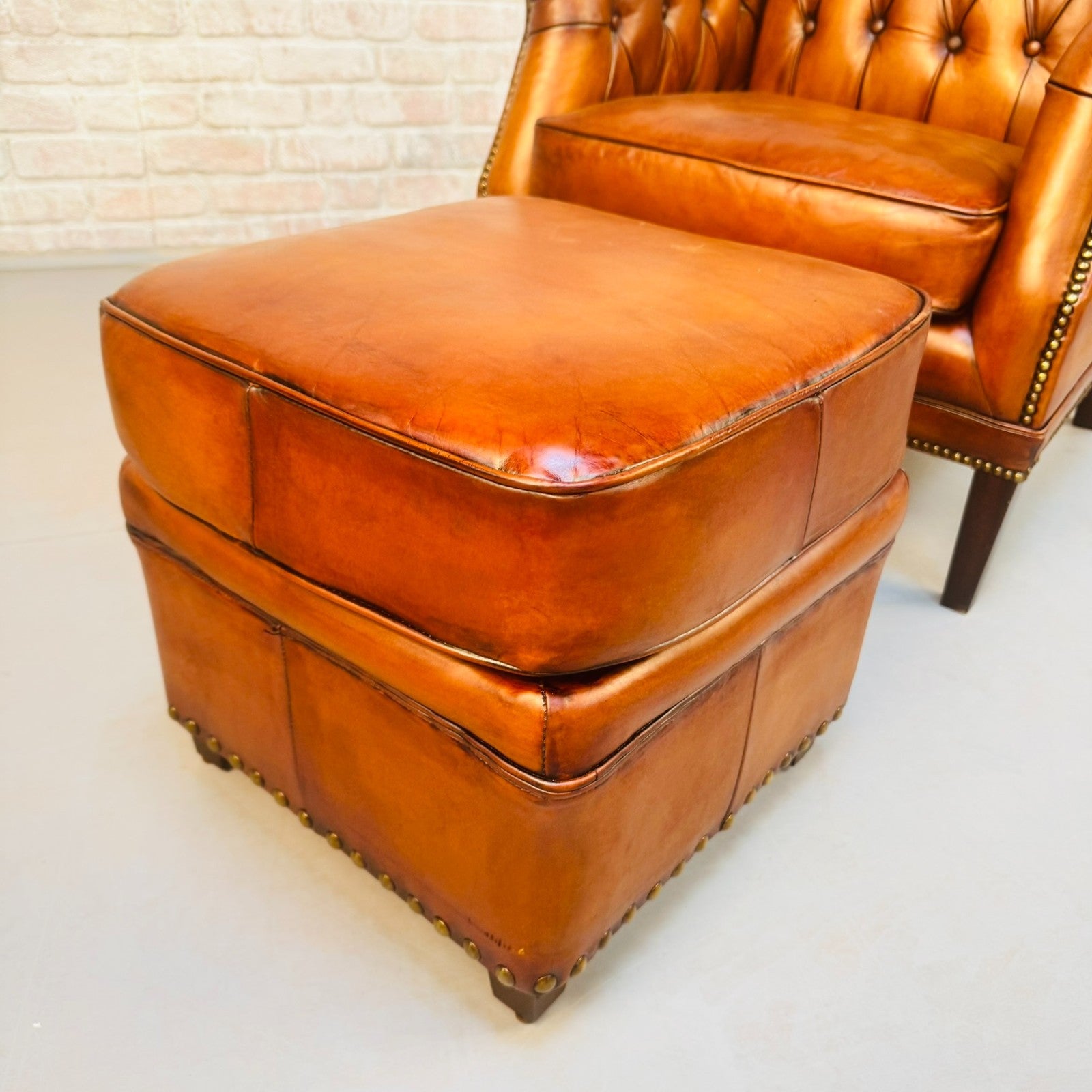 Vintage Chesterfield Armchair & Footstool Tan Leather Cognac Lounge Chair