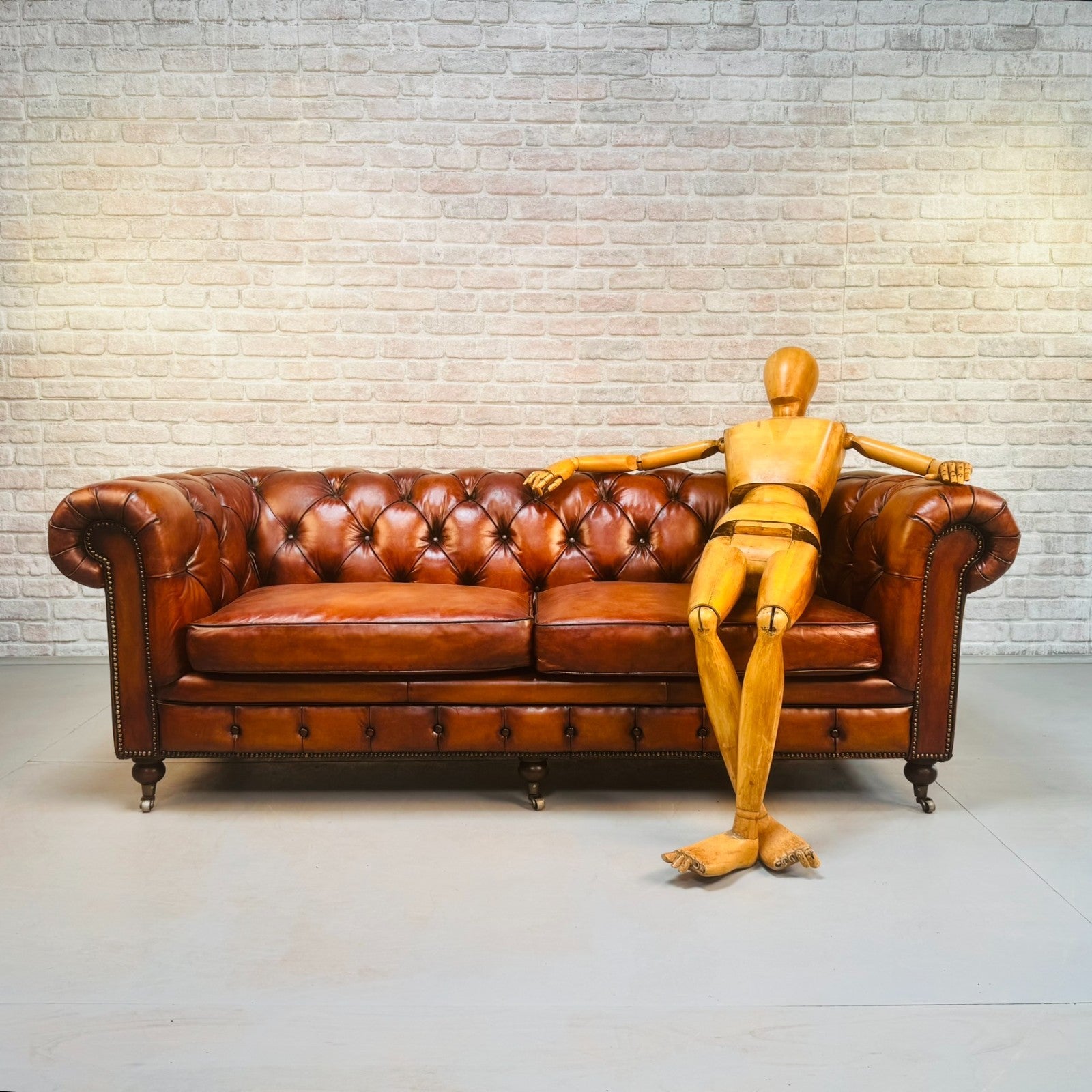 Vintage English Three Seater Tan Leather Chesterfield Sofa