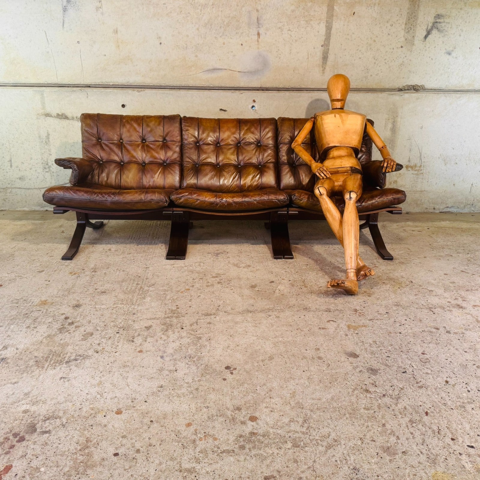 1970s Norwegian Tan Leather Three-Seater Sofa — Rustic Bentwood Frame