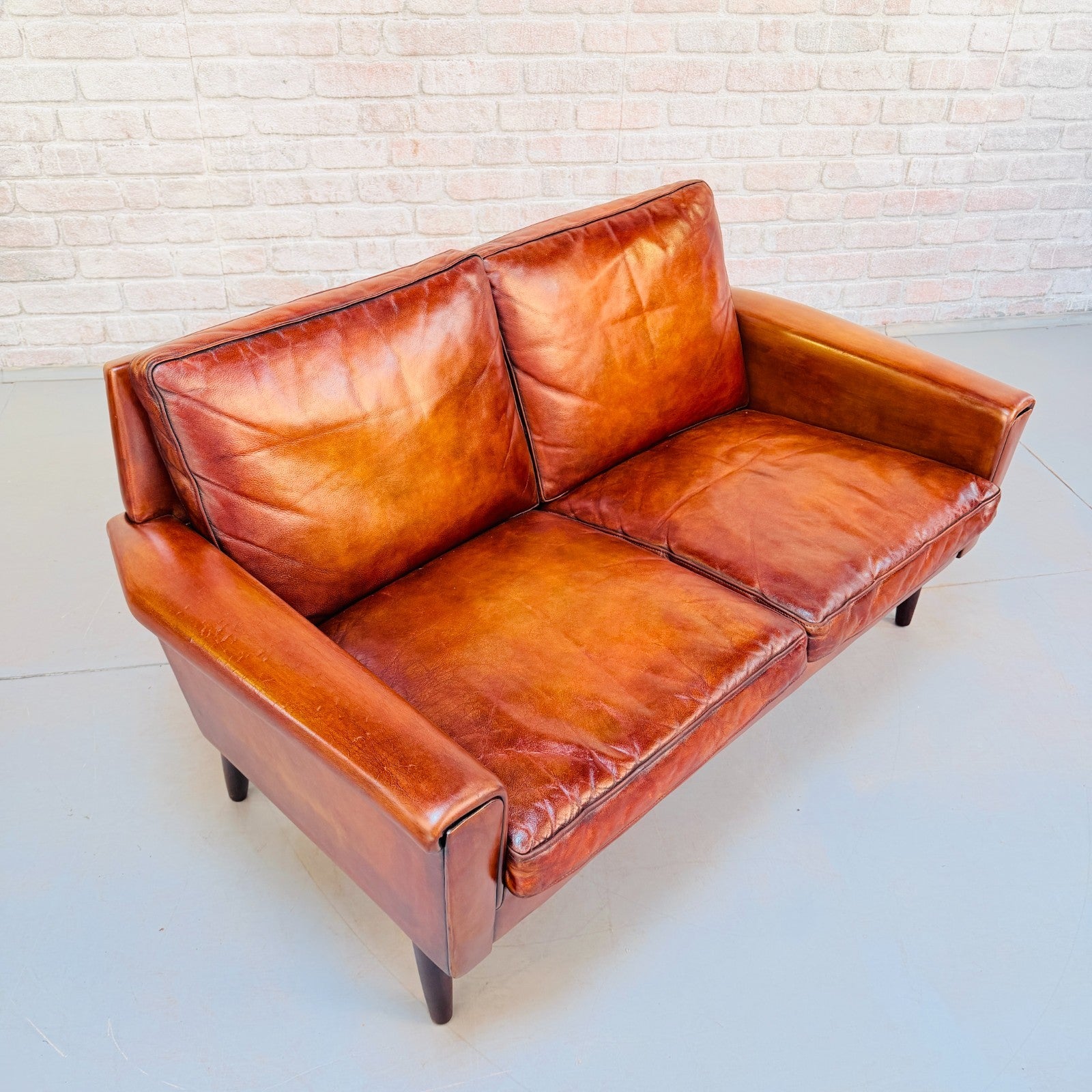 Vintage 1970s George Thams Tan Leather 2 Seater Sofa Hand Dyed Patina