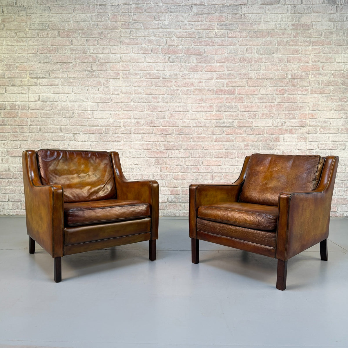 Near Pair Vintage 1970s Mogens Hansen Tan Leather Armchairs Danish Design