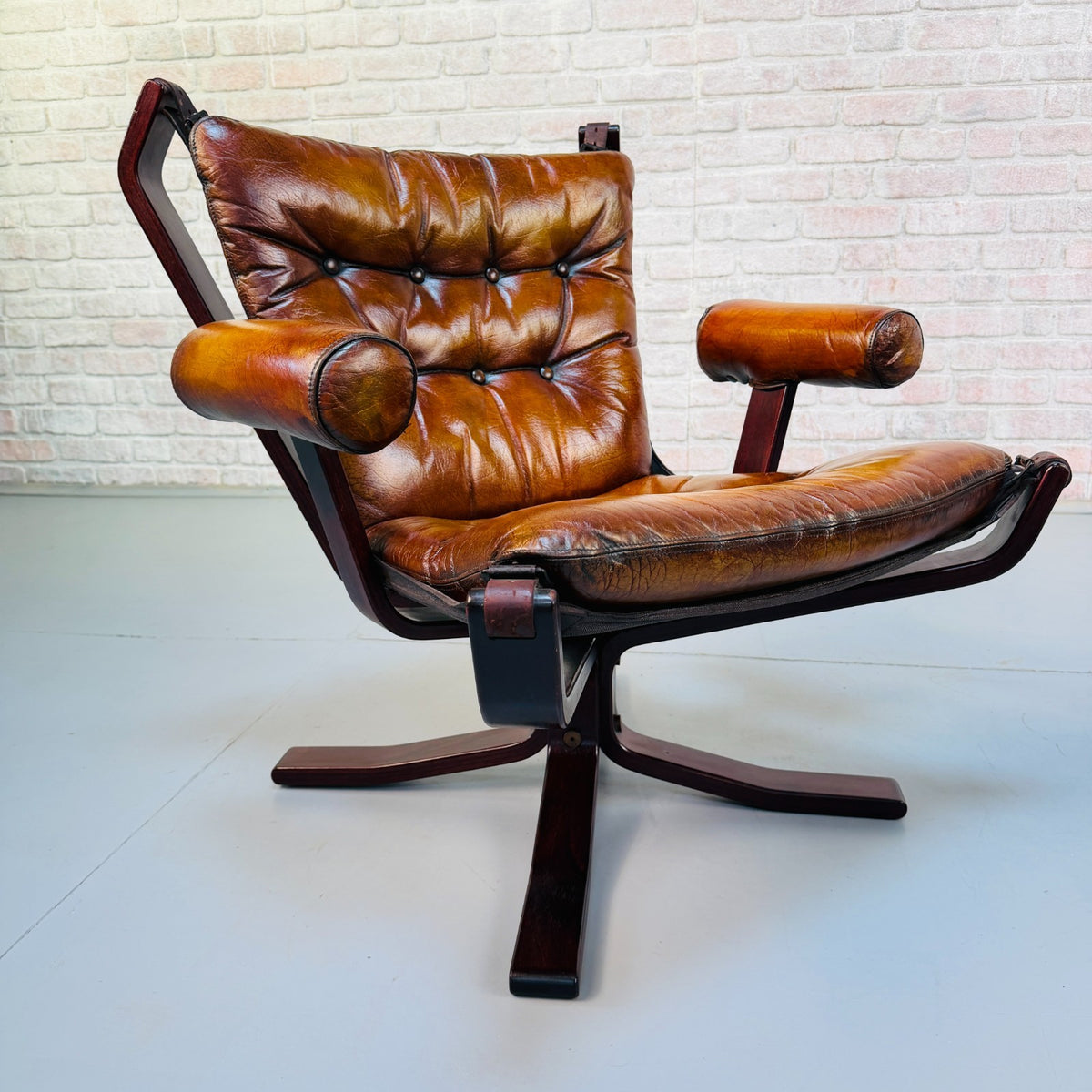 Pair Vintage 1970s Sigurd Ressel Falcon Chairs Tan Leather Norwegian Design