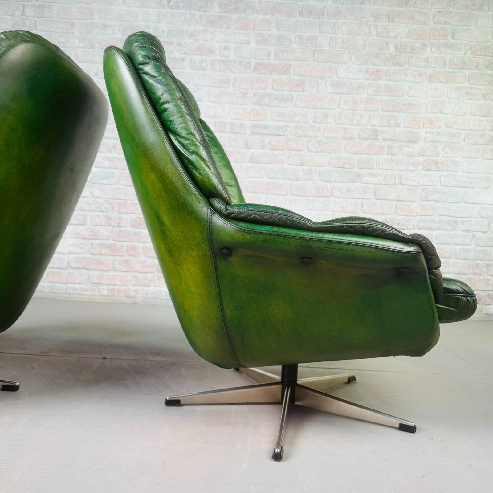 Pair of Vintage Danish Green Leather Swivel Chairs