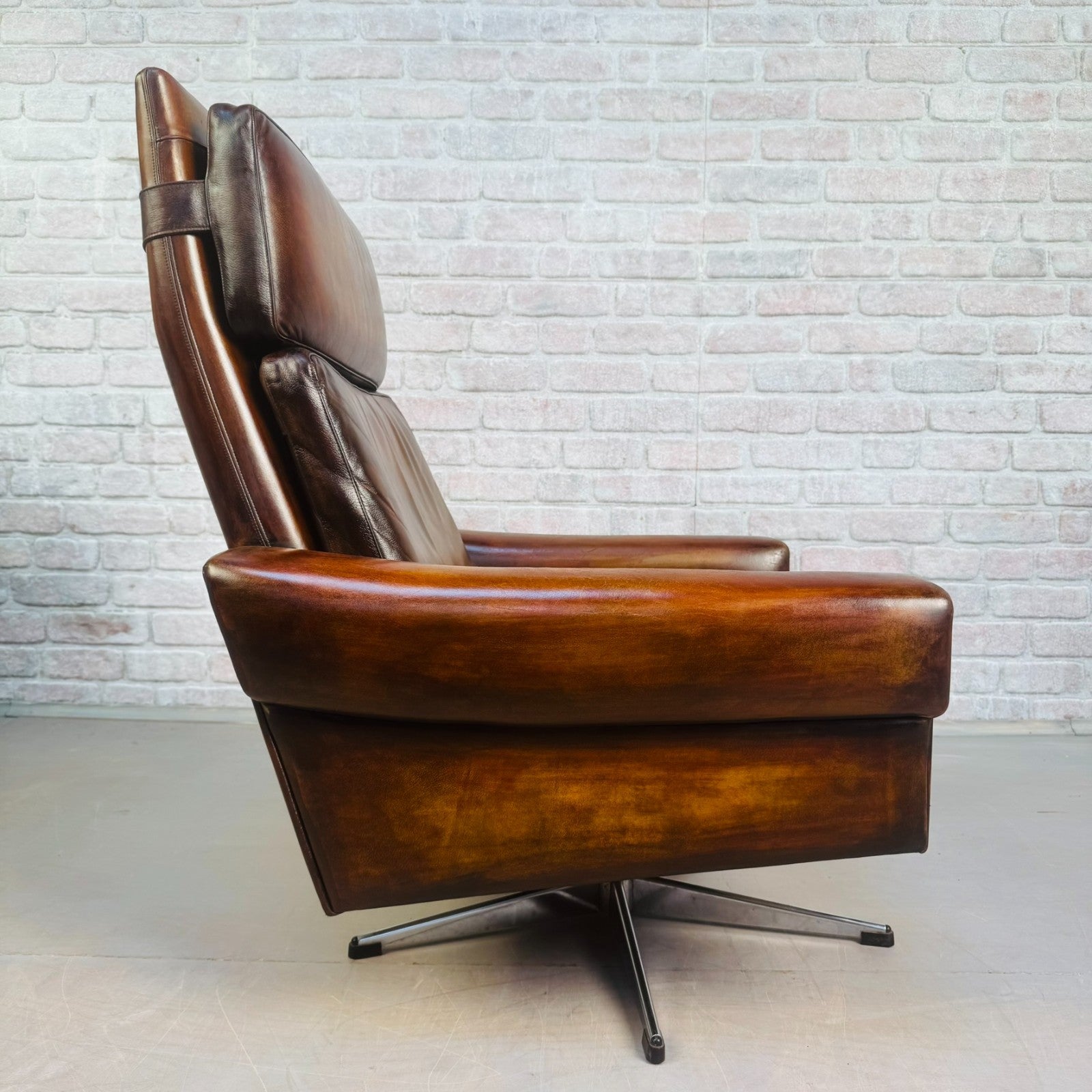 Vintage 1970s Danish Tan Leather Swivel Chair Mid Century Armchair