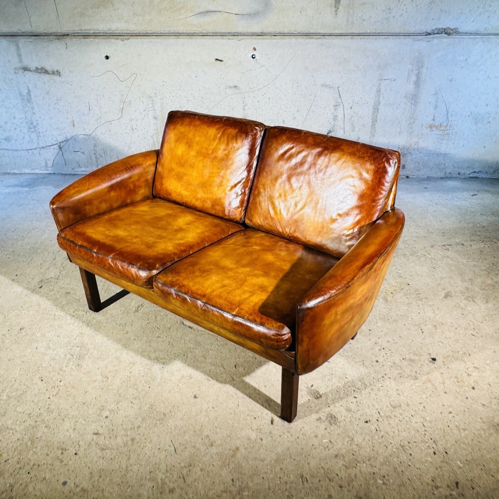 Neat Vintage Danish 1960s Leather Two seater Sofa - Patinated Tan