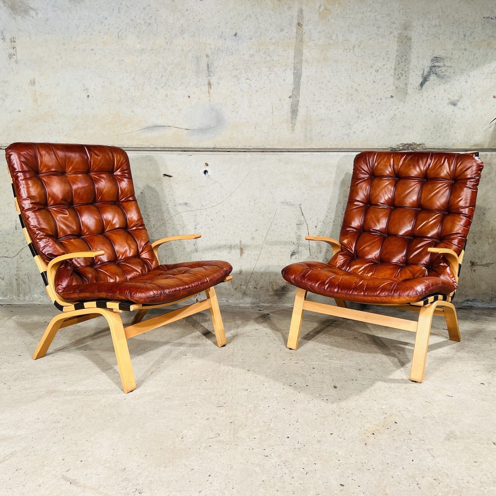 Wide Back Vintage 1970s Danish Cognac Leather Birch Bentwood Pair of Chairs