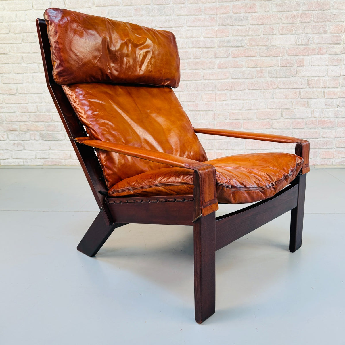 Vintage 1960s Danish Tan Leather Reclining High Back Armchair & Footstool