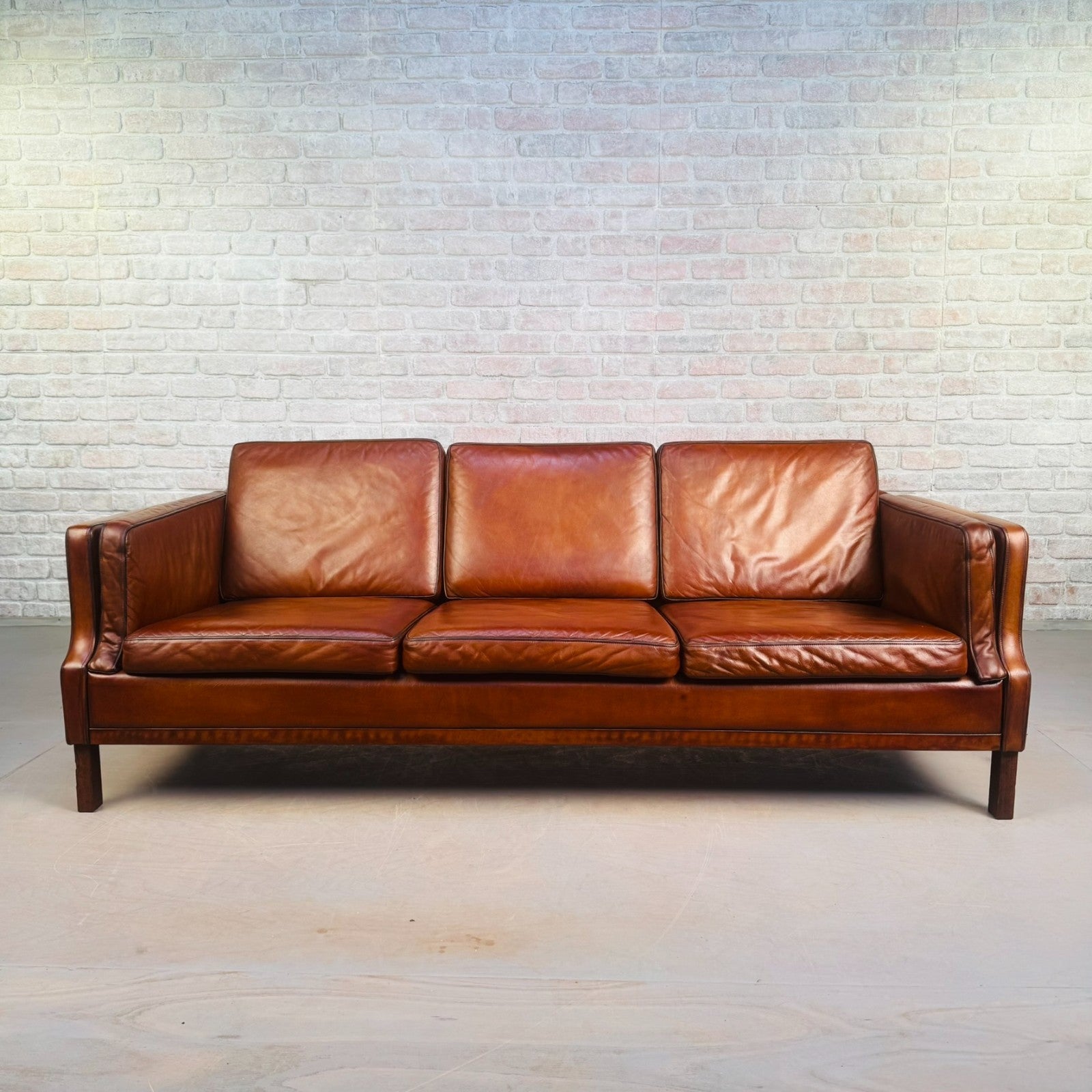 Elegant Vintage Danish 1970s Mogens Hansen Three Seater Tan Leather Sofa
