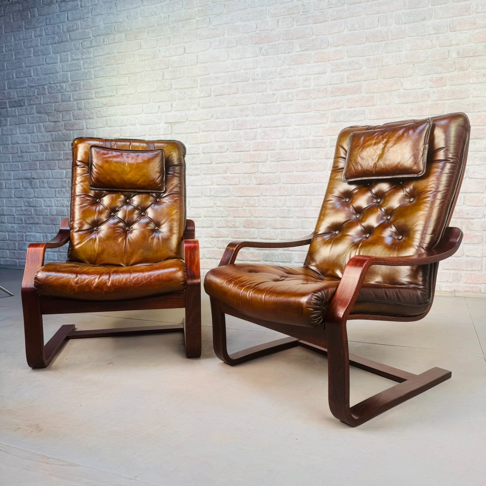 Pair of Vintage Scandinavian Tan Leather Bentwood Armchairs