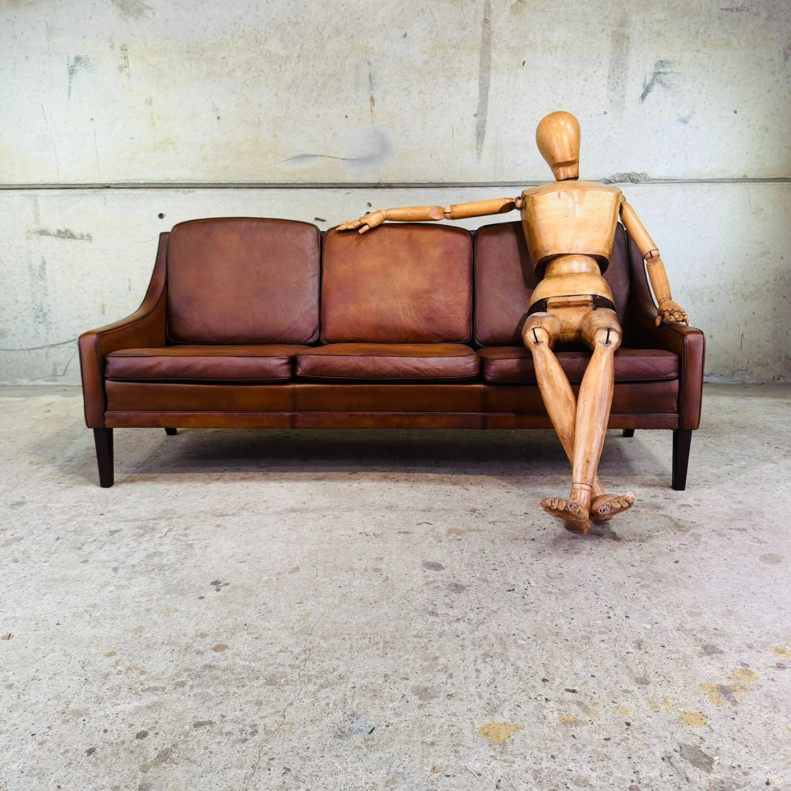 Vintage 1960s Danish Tan Leather Three-Seater Sofa