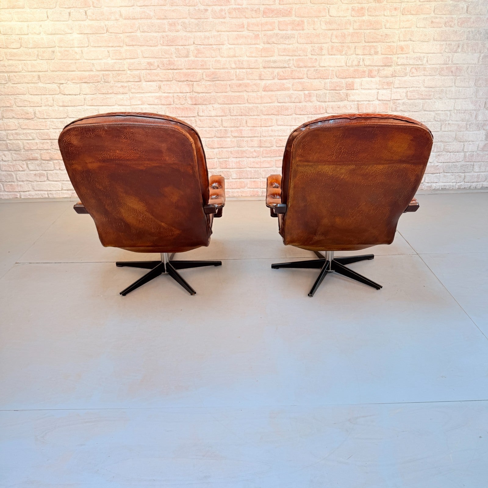 Vintage Pair Danish Tan Leather Swivel Chairs Hand Dyed Cognac Patina