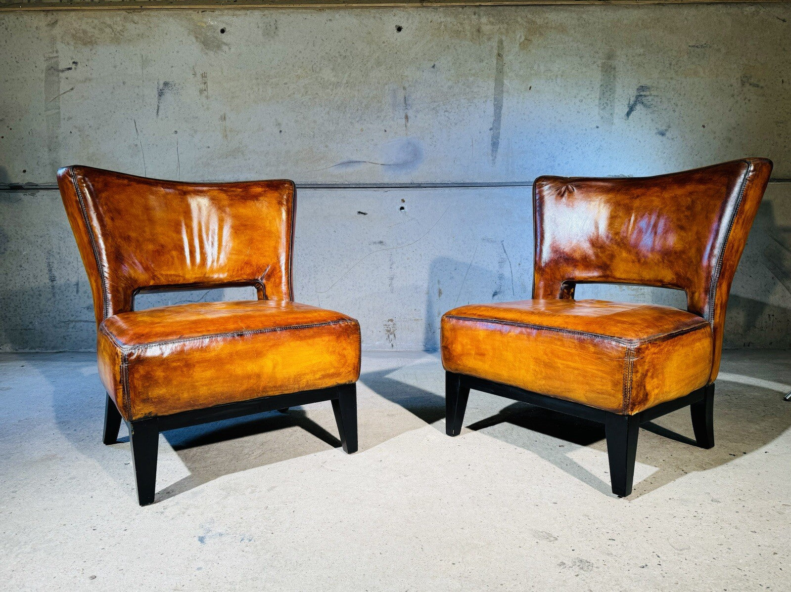 Pair of Vintage Andrew Martin Oversized Leather Chairs Hand-Dyed Light Tan