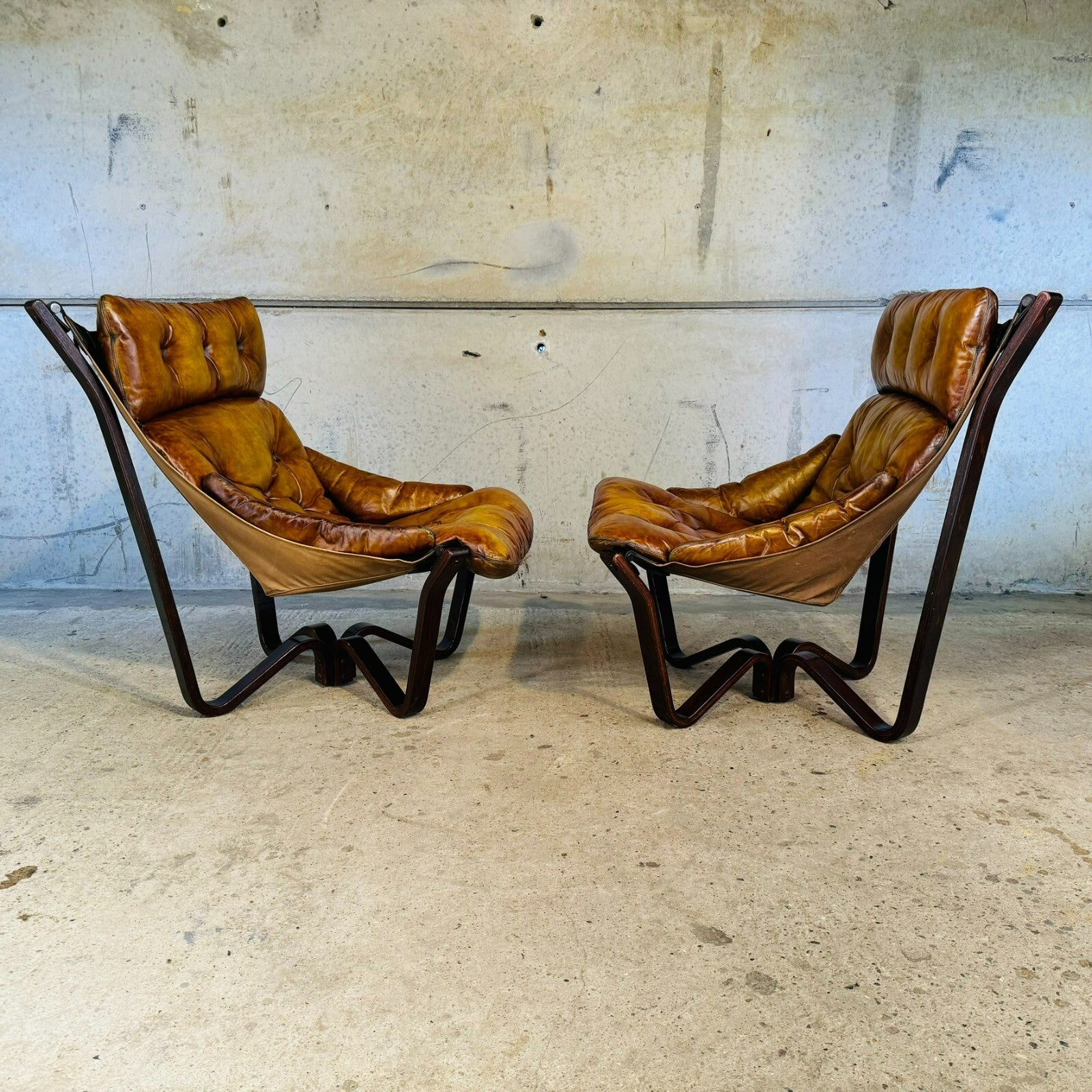 Vintage Pair of 70s Scandinavian Viking Chairs by Jim Myrstad Tan Leather
