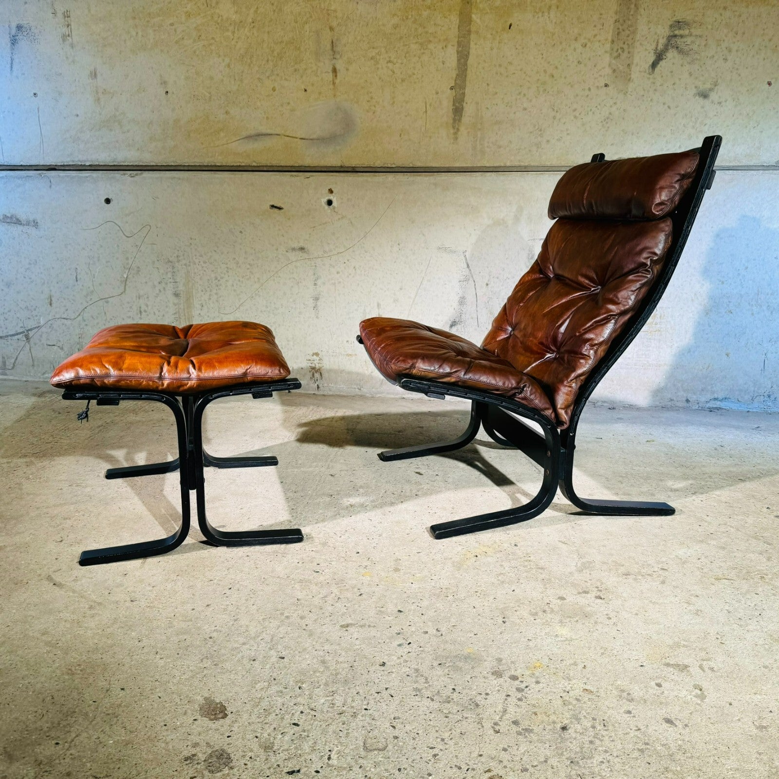 Vintage 1970s Westnofa Highback Tan Leather Chair & Footstool Ebonised Beech