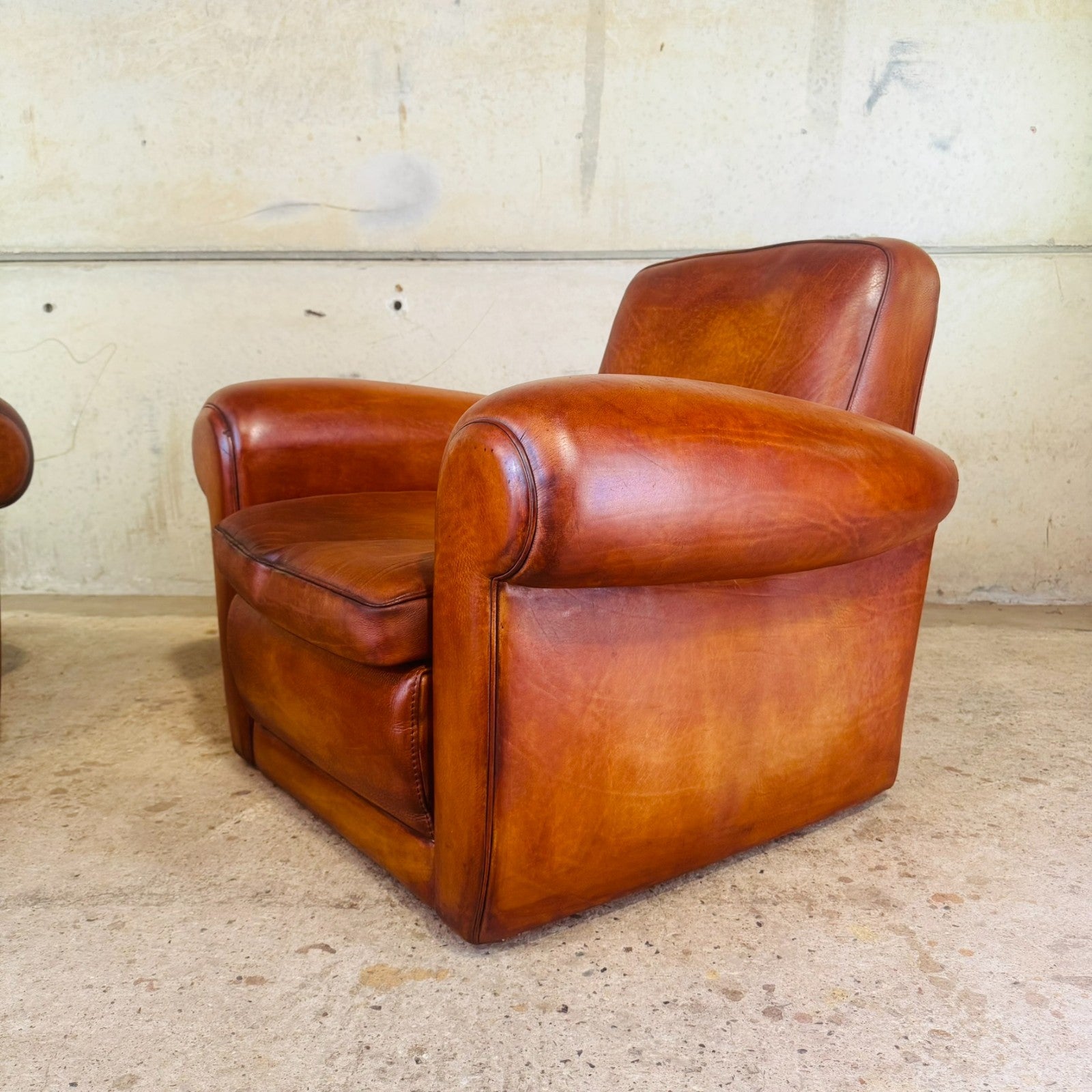 Pair of Vintage Art Deco Style Italian Tan Leather Club Chairs by Baxter