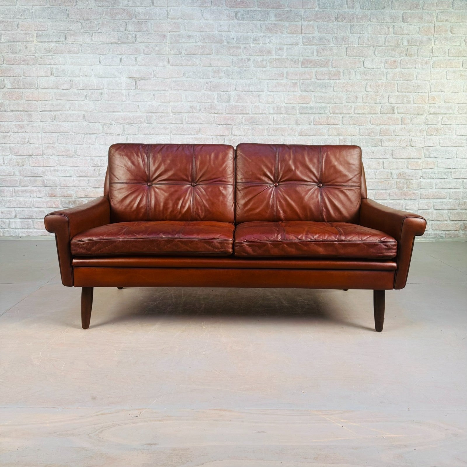 Vintage 1970s Svend Skipper Brown Leather Two-Seater Sofa