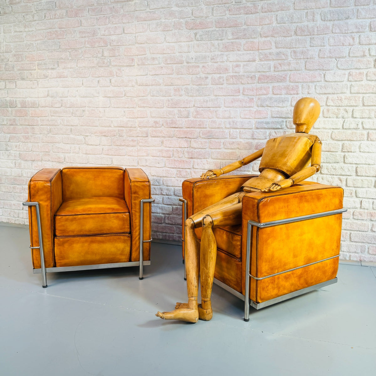 Vintage Pair Le Corbusier Style Hand Dyed Tan Leather Chrome Chairs