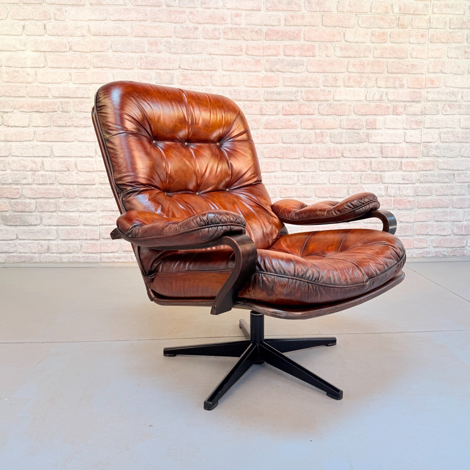 Vintage Danish Tan Leather Swivel Chair Hand Dyed Cognac Patina Lounge Chair