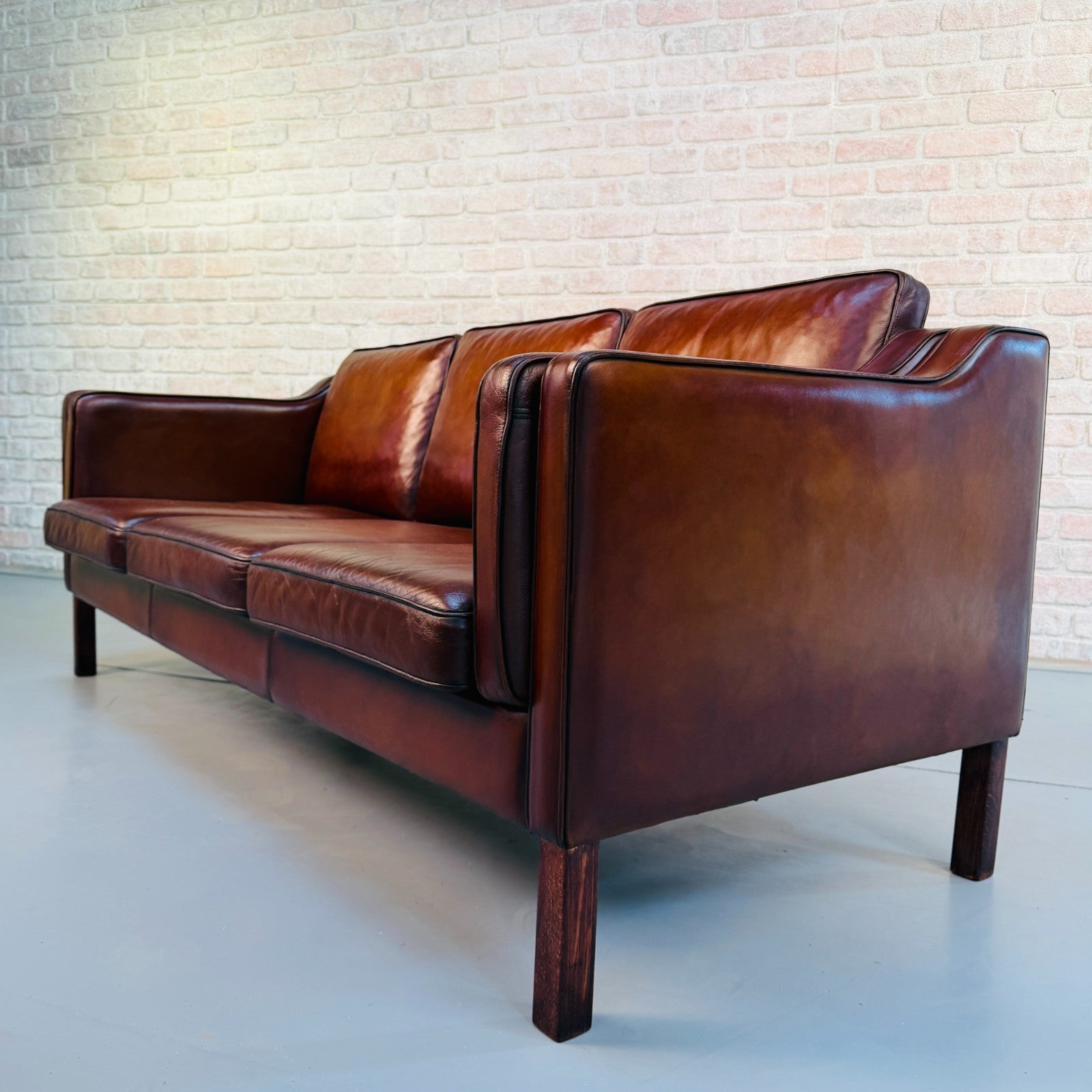 Vintage Danish Børge Mogensen Style Cigar Brown Leather Three Seater Sofa
