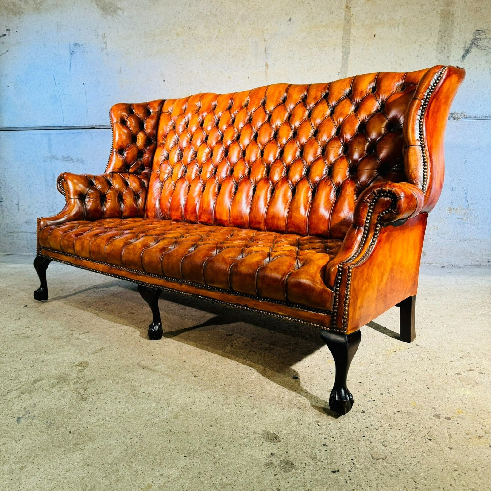 Beautiful Three Seater 19th C Tan Leather Chesterfield Sofa Fully Buttoned