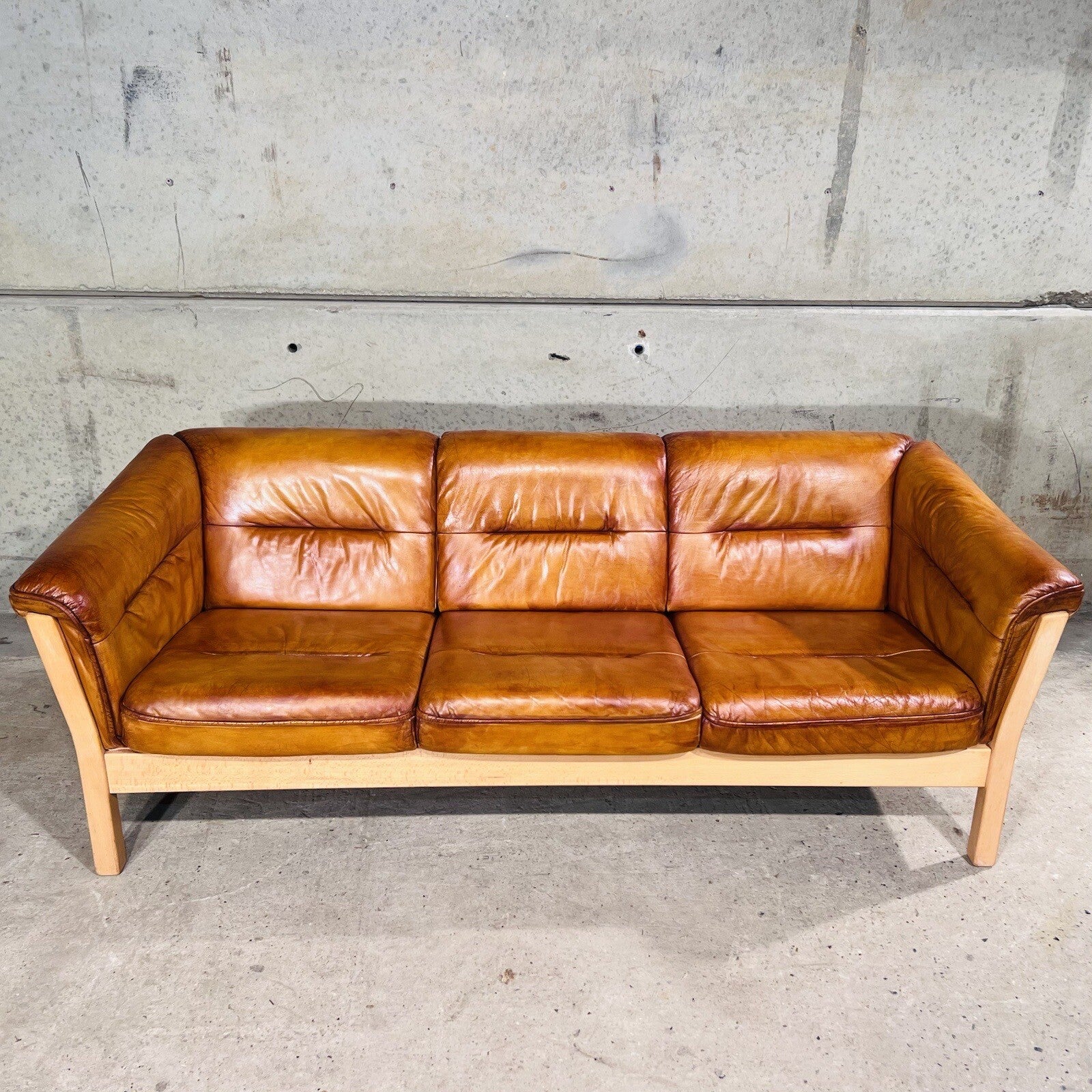 Long Vintage Swedish Three-Seater Patinated Tan Leather Sofa