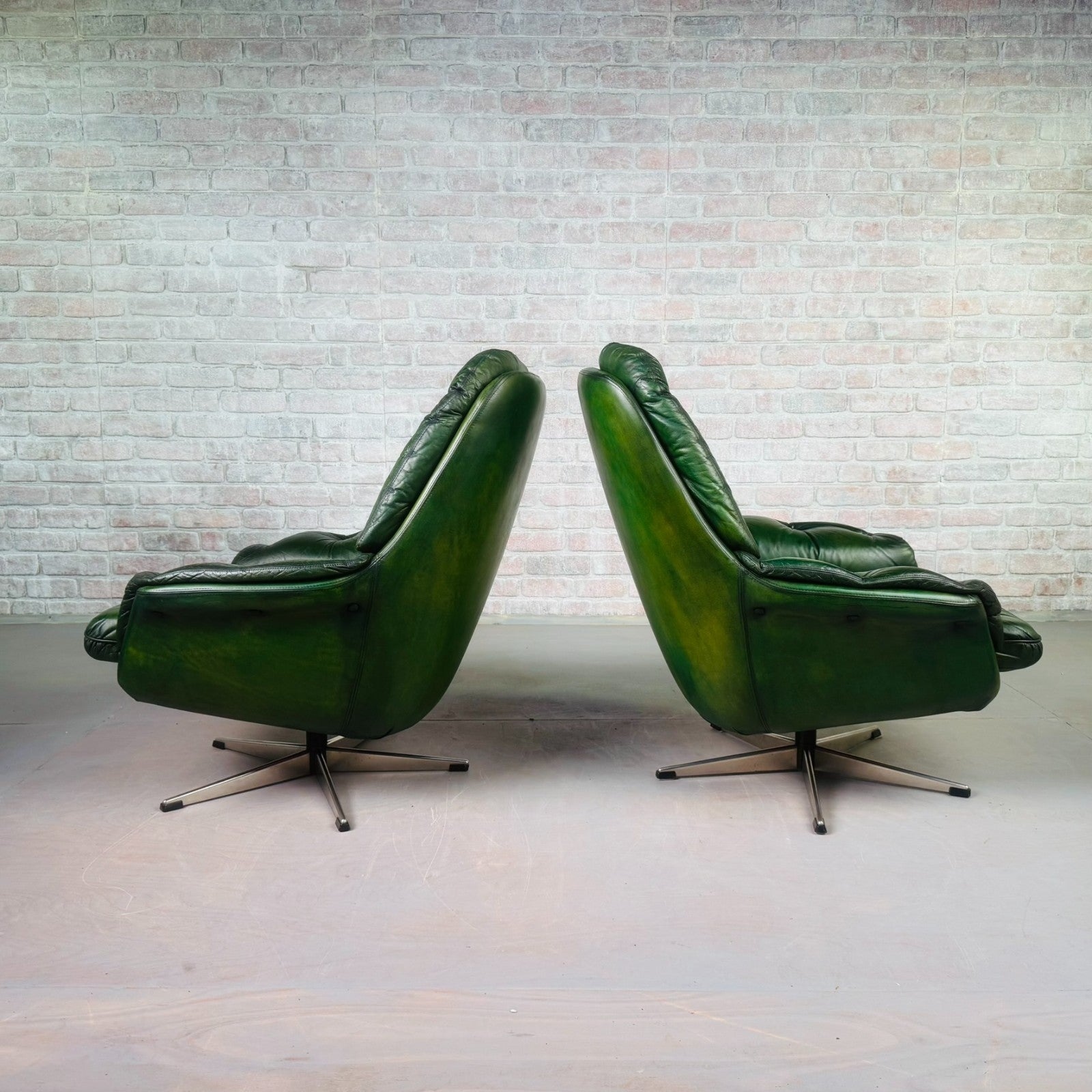 Pair of Vintage Danish Green Leather Swivel Chairs