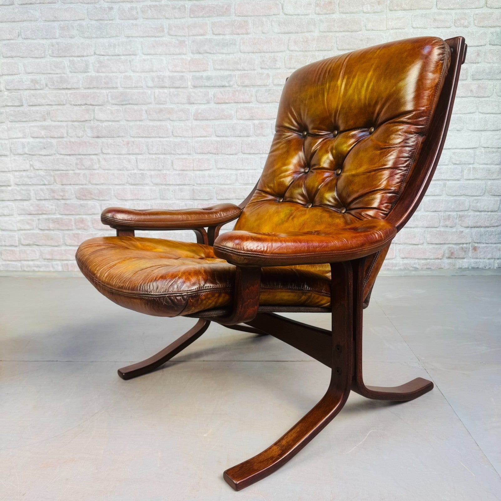 Pair of Vintage Danish Tan Leather Armchairs High Back Mid Century Chairs