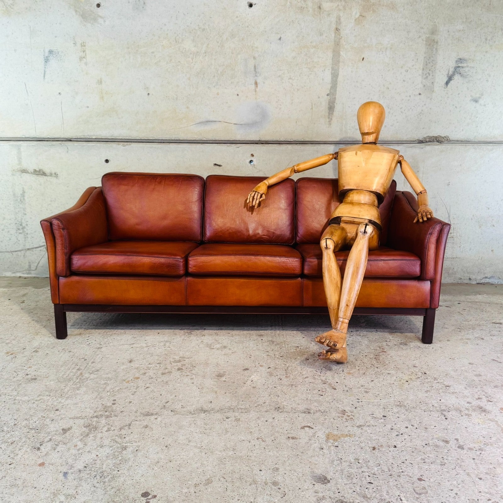 1970s Danish Cognac Leather 3 Seater Sofa — Curved Arms & Beech Plinth