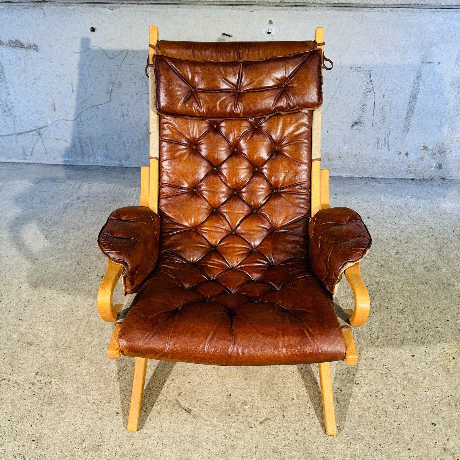 Stylish Swedish 1970s Tan Leather And Canvas Armchair and Footstool