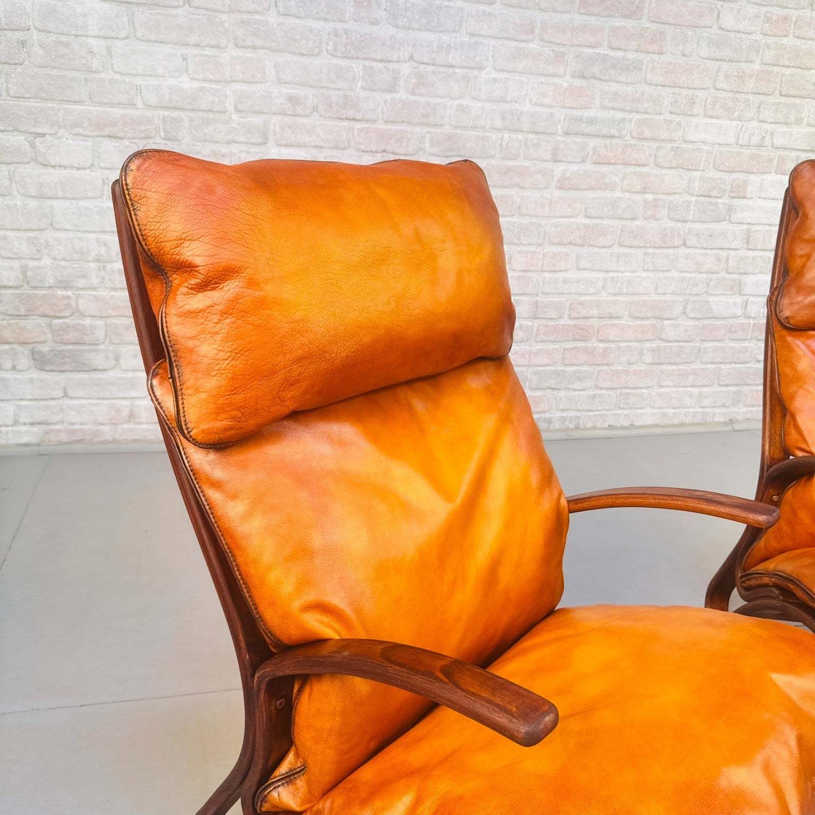 Pair Vintage Danish Bentwood Chairs Tan Leather Elegant Lounge Chairs
