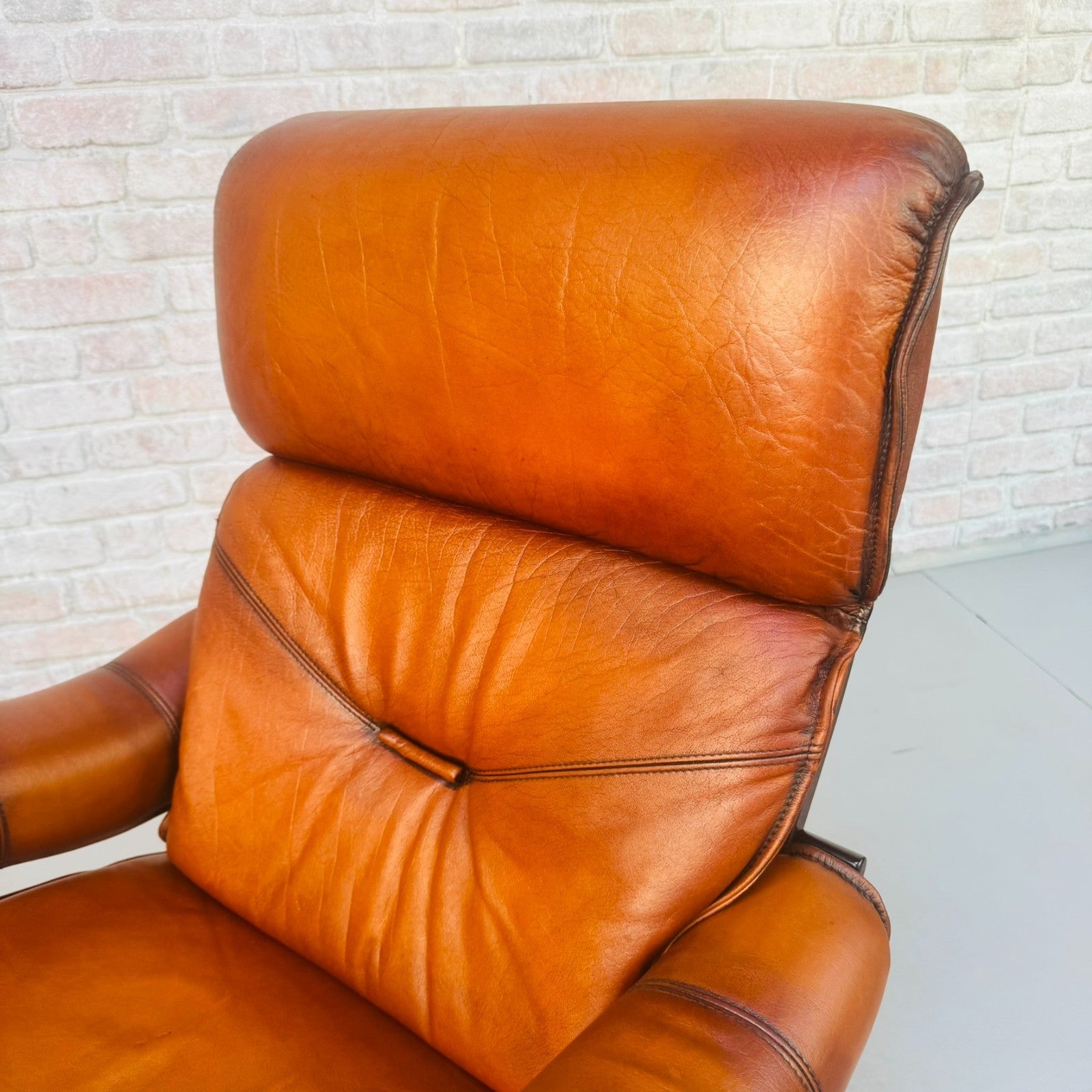 Vintage Danish High Back Armchair | Hand Dyed Tan Buffalo Leather | Beech Frame