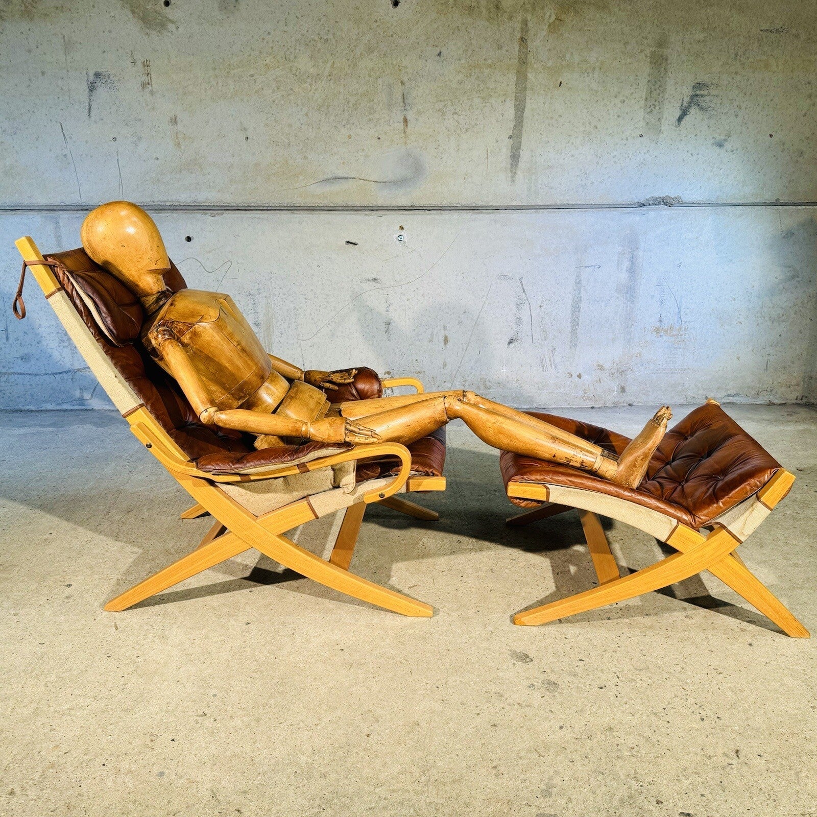 Stylish Swedish 1970s Tan Leather And Canvas Armchair and Footstool