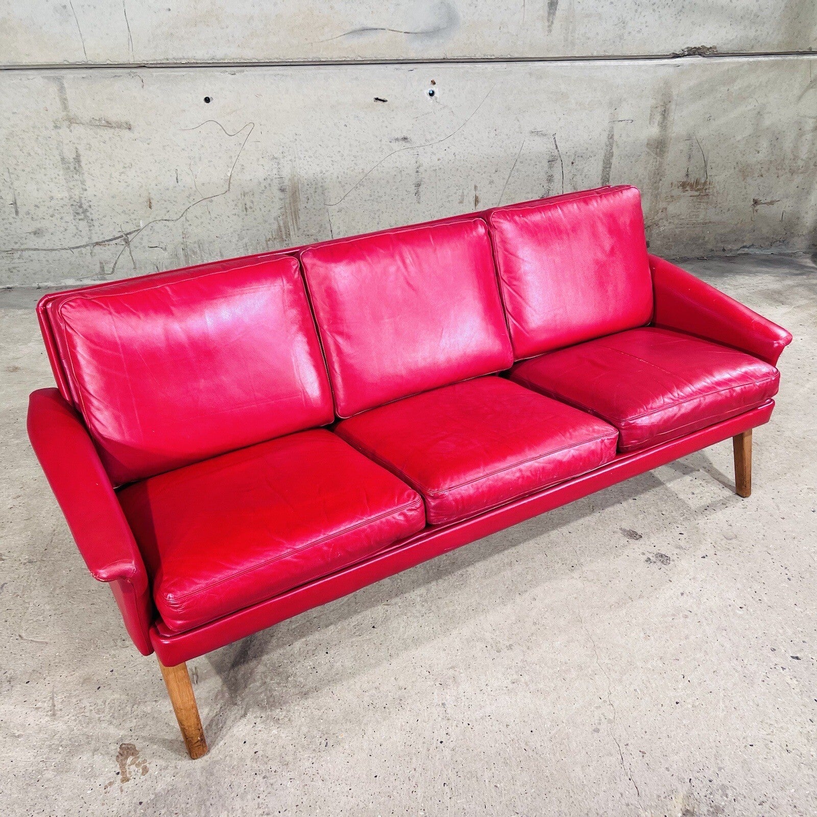 Stylish Danish 1970 Vibrant Red Three seater Leather Sofa